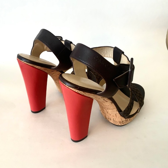 Calvin Klein Bea Platform Stiletto Heel Sandal Brow Red Leather T-Strap Pump 7.5 - Picture 11 of 16
